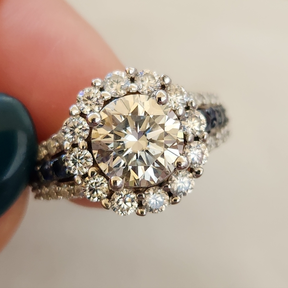 Moissanite Fire Blue Sapphire Platineve 925 Silver Ring - Picture 10 of 16